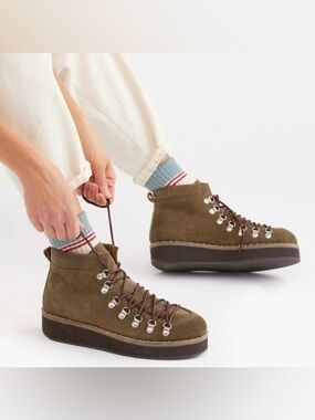 Free People Olive Brown Suede Platform Hiking Boot with Red Accent Laces